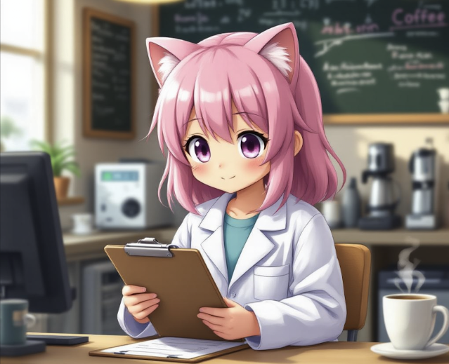 Auxi — a pink-haired catgirl in a white labcoat, holding a clipboard and smiling, at a table in a warm café.